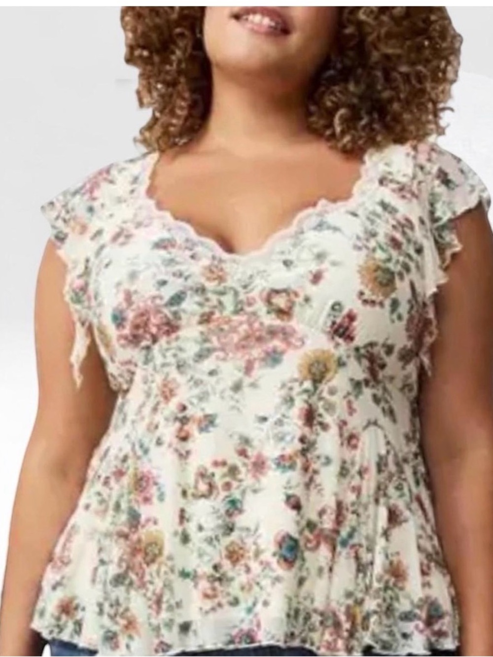 Torrid Cream Floral Lace-Trim Flutter Sleeve Peplum Top